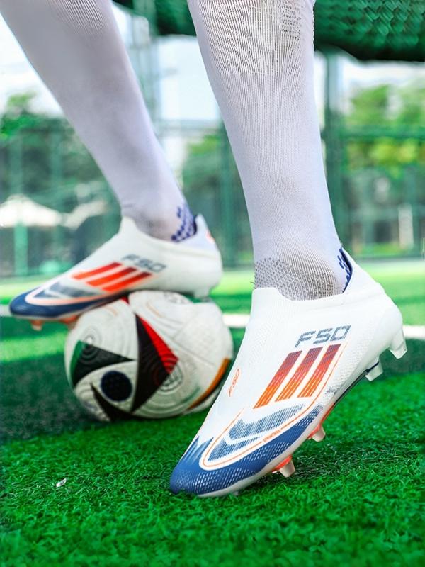 Unisex White-Blue-Orange Gradient Laceless Firm Ground Soccer Shoes: Competitive Pro Style, Knit Breathable Upper, Anti-Twist Midsole, Transparent Stud Grip. Ideal for official matches/professional training.