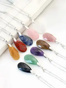Natural Stone Water Drop Pendant Necklace, Faceted Crystal Stainless Steel Chain, Amethyst & Quartz Crystals & Blue Lace Agate Pendants