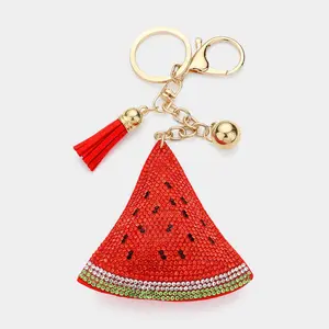 Bling Studded Watermelon Tassel Keychain - Red, Gold Accents, 3 in x 3 in Size, 7.25 in Length