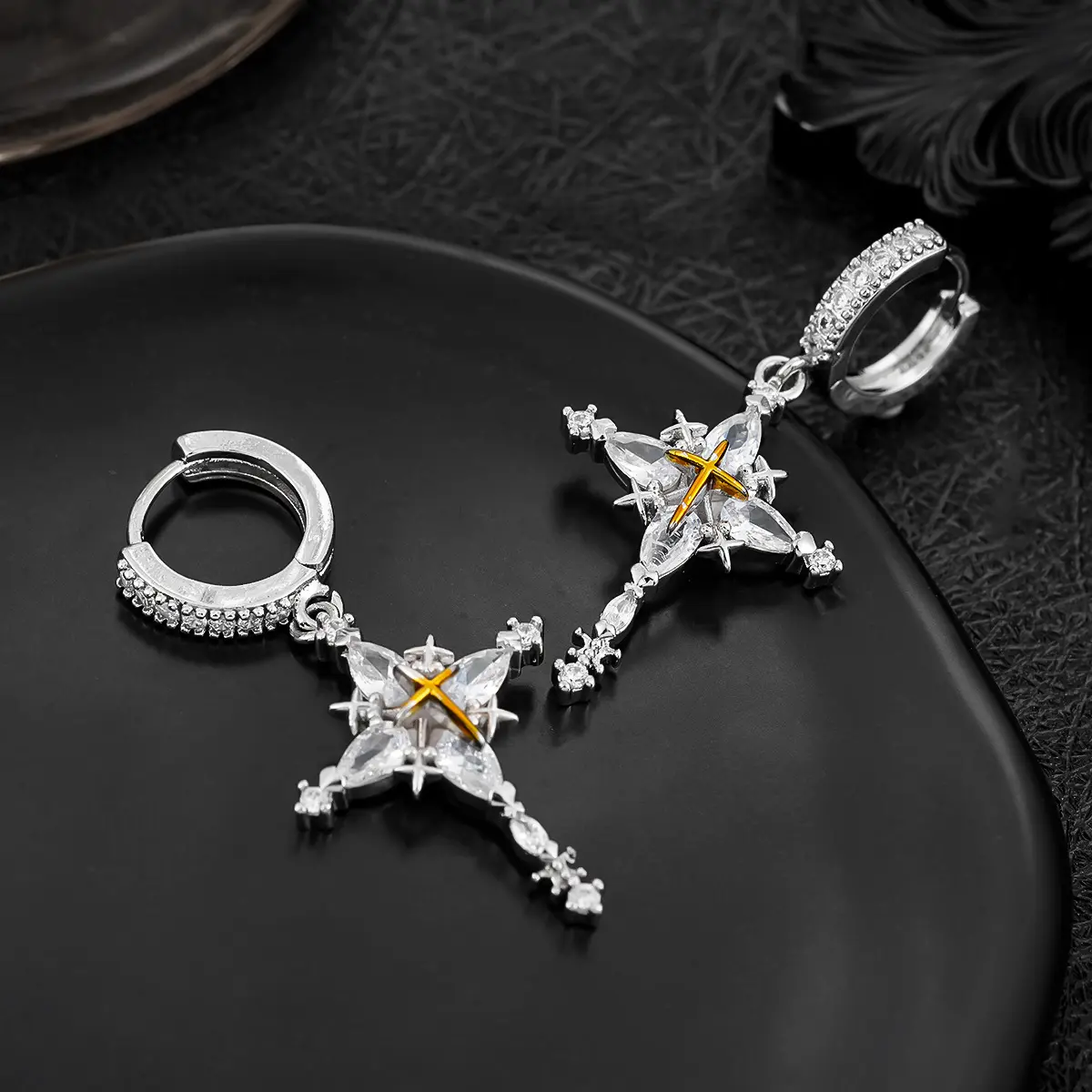 Hip-Hop Cross Pendant Earrings with 5A Zircon, Unisex Dangle Hoop for Men's Earring Stack, Jewelry Gift for Couples, Men's Earrings