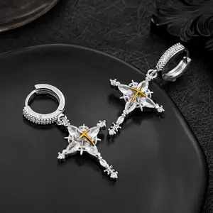 UURiel 5A Zircon Cross Pendant Earrings, Hip-Hop Fashion Unisex Earring Stack, Artificial Gemstone Jewelry for Couple Gifting