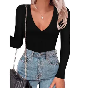 Women's Plunge Deep V Neck Long Sleeve Bodysuit Double Lined Thong Body Suit Shirt Tops