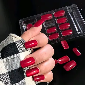 Glossy Red Square Press On Nails | Reusable False Nails | 24 PCS