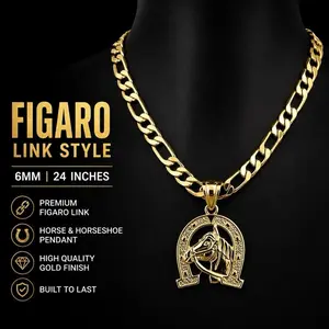14K Gold Plated Hip-Hop Horseshoe Pendant  24" 6mm Figaro Link Necklace with Fashion Luxury Animal Accent Cuban Link Chain