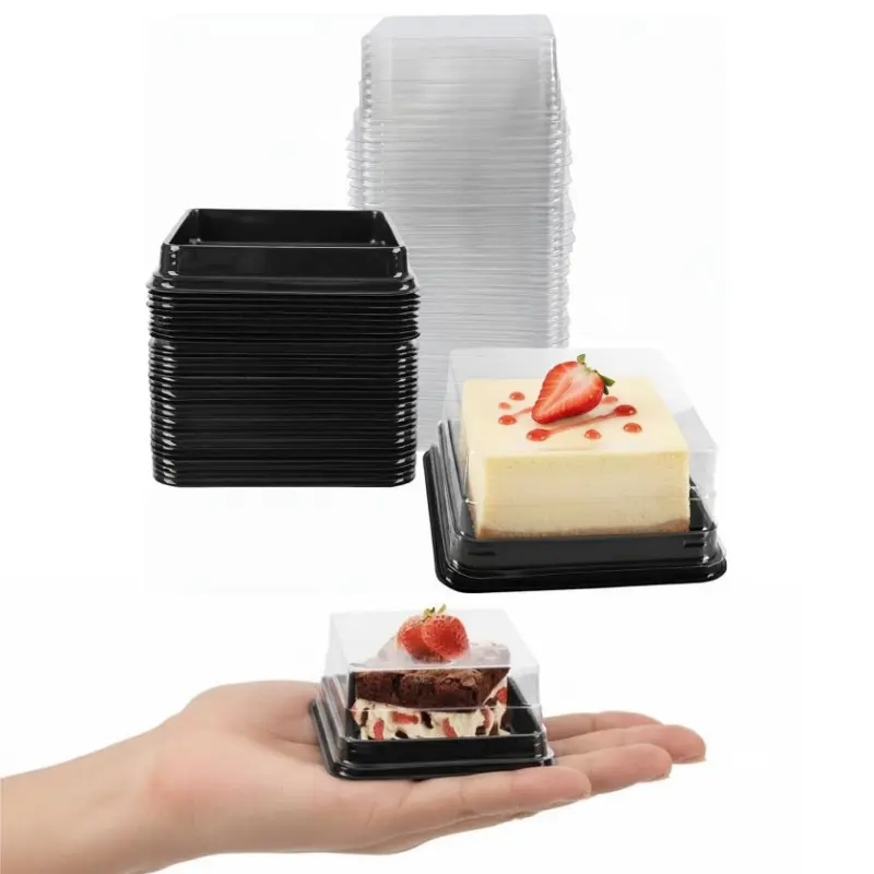 150 Pack Square Clear Plastic Mini Cake Containers with Black Base, Individual Single Dessert Boxes for Mooncake Mousse Macaron Pastry Cupcake Packaging