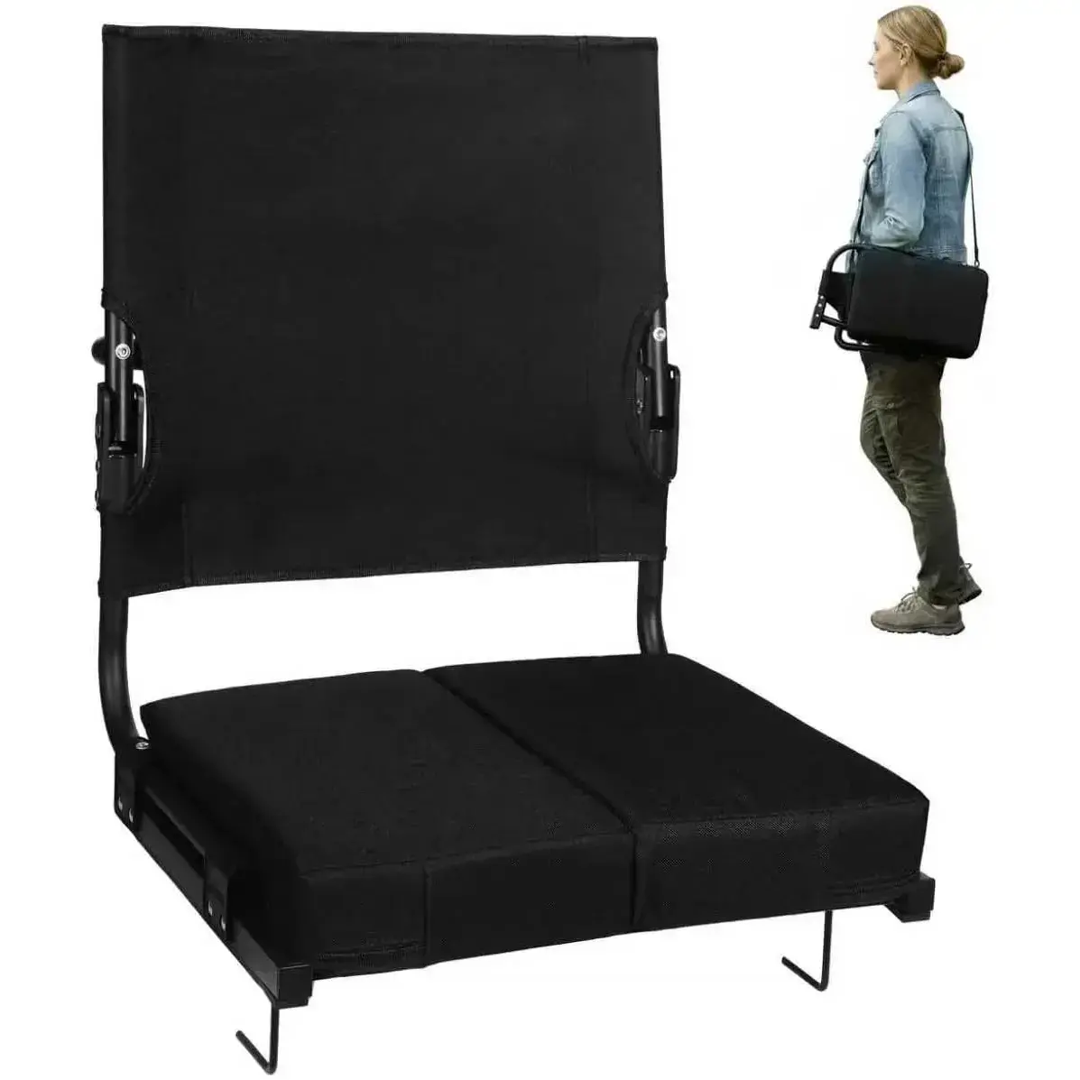 Folding Stadium Seat for Bleachers, Space-Saving Portable Chair for Adults with High Back, Durable Steel Frame & Thick Foam Cushion, Supports 350 lbs, Secure for Sports Events, Concerts, Black, 11" X 15" X 7", Unisex, Functional, 2 Bleacher Hooks, Folded