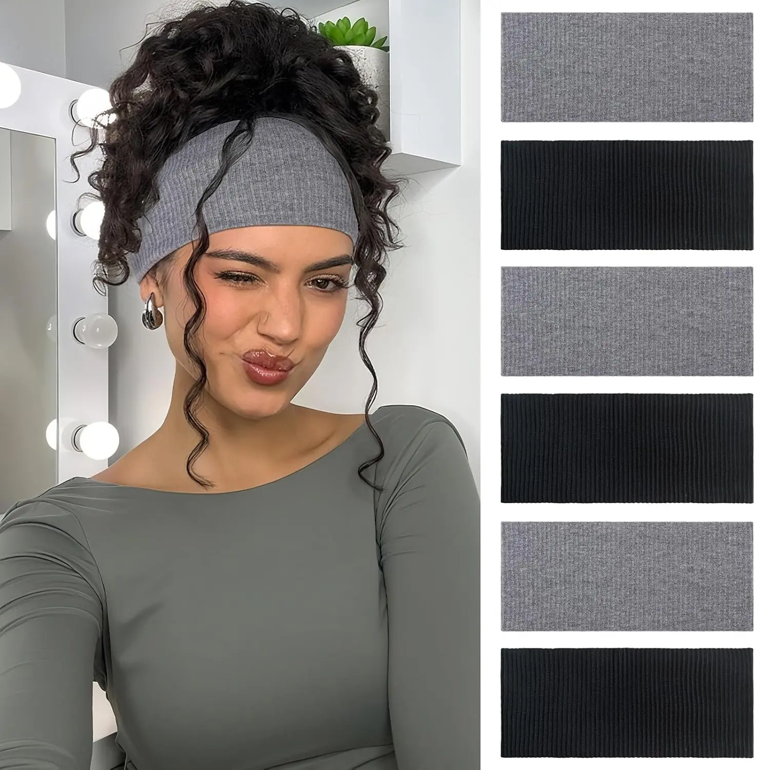 6 Packs Knitted Wide Headbands for Women Non Slip Ribbed Turban Fashion Headband Thick Hairbands Dating Workout Outdoor Yoga  Hair Girls Accessories (Black, Dark Gray)