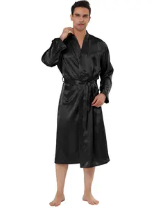 INSPIRE CHIC Men's Satin Robe Sleep Nightdress Long Sleeve Lounge Sleepwear Pajama Dress Bathrobe Black