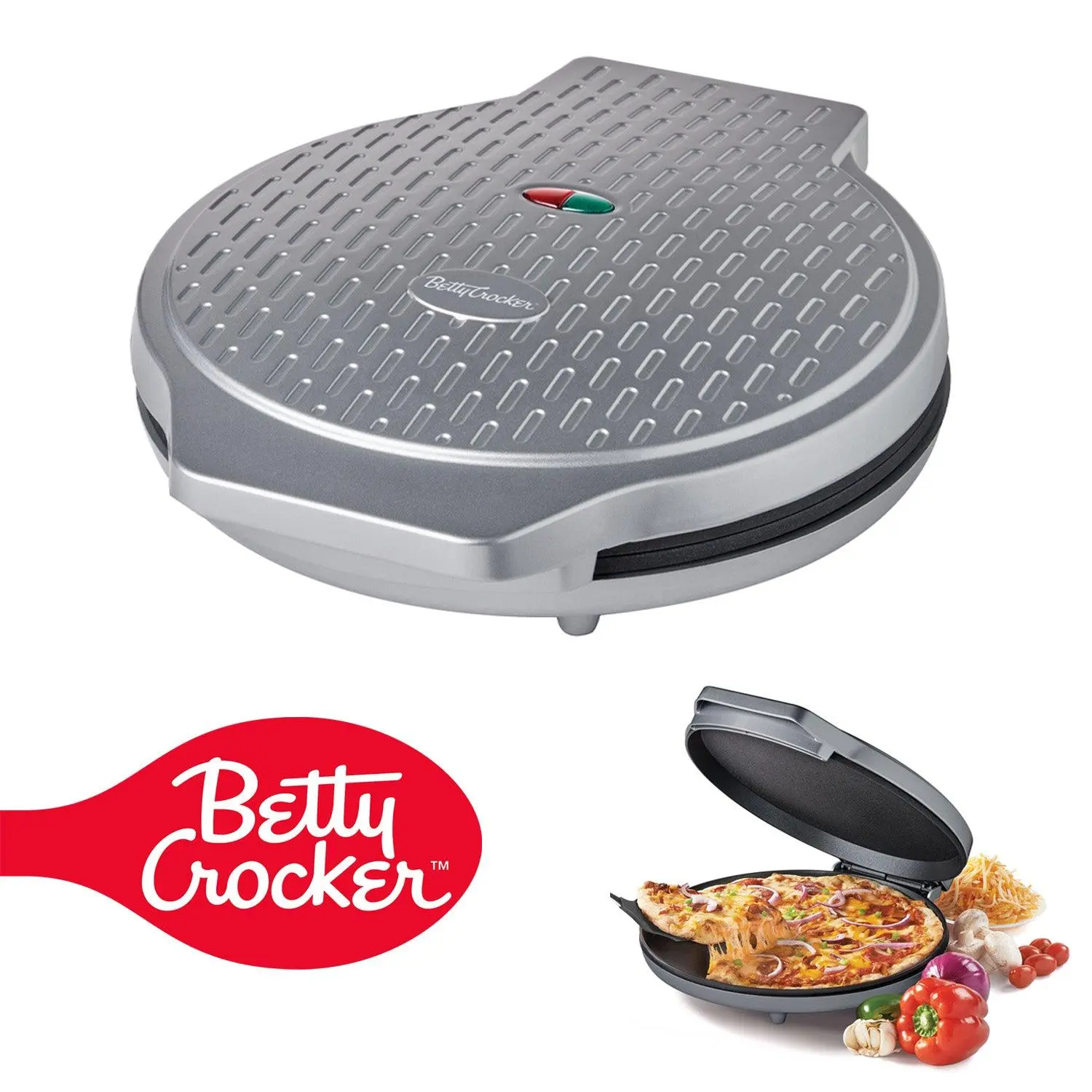 Betty Crocker Pizza Maker Plus (BC-2958CS) - 12 in Corded Round Indoor Multi-Use Grill, 1440W Silver Kitchen Appliance with Non-Stick Griddle Pan, Temp Ready Light, Oven-Free for Friends, Pizzas, Quesadillas