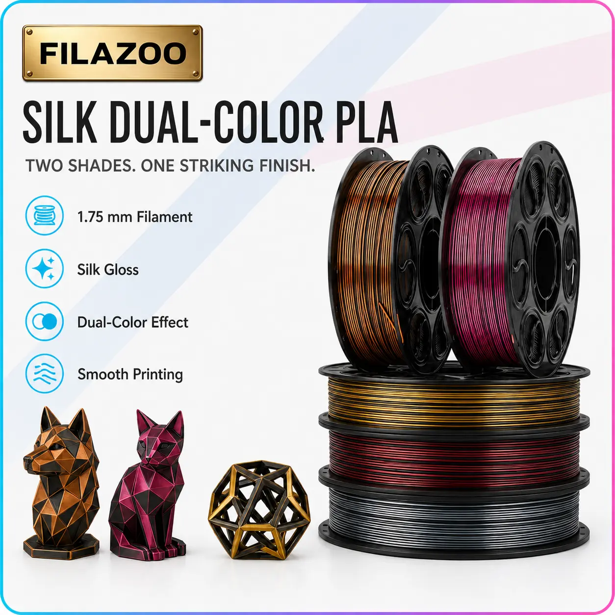 FILAZOO Silk Dual-Color PLA Filament, 1.75mm 1KG Spool - Co-Extrusion Glossy Shiny 2-Tone, High Speed Optimized Neat Winding, Smooth Print, Compatible with Bambu Lab X1/P1S/A1, Creality Ender 3, FDM 3D Printers Premium Bundle