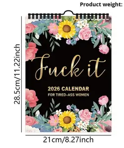 Funny Tired Women 2026 Calendar for Tired-Ass Women 28.5cm x 21cm Floral Design Wall Calendar with Gold Text and Vibrant Flowers