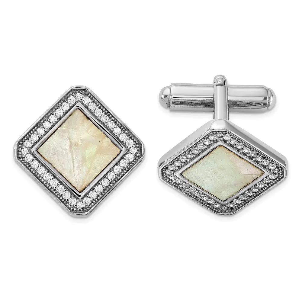 Men's Sterling Silver Cufflinks, Modern Square Design with Natural Mother of Pearl and CZ Accents, Rhodium-Plated Clip-On for Wedding or Business, Male, Geometric, Synthetic