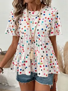 Women's Fashion Colorful Polka Dot Print Short Doll Shirt, Sweet Loose Fit Belly Concealing Summer Top, Versatile Casual Blouse Womenswear