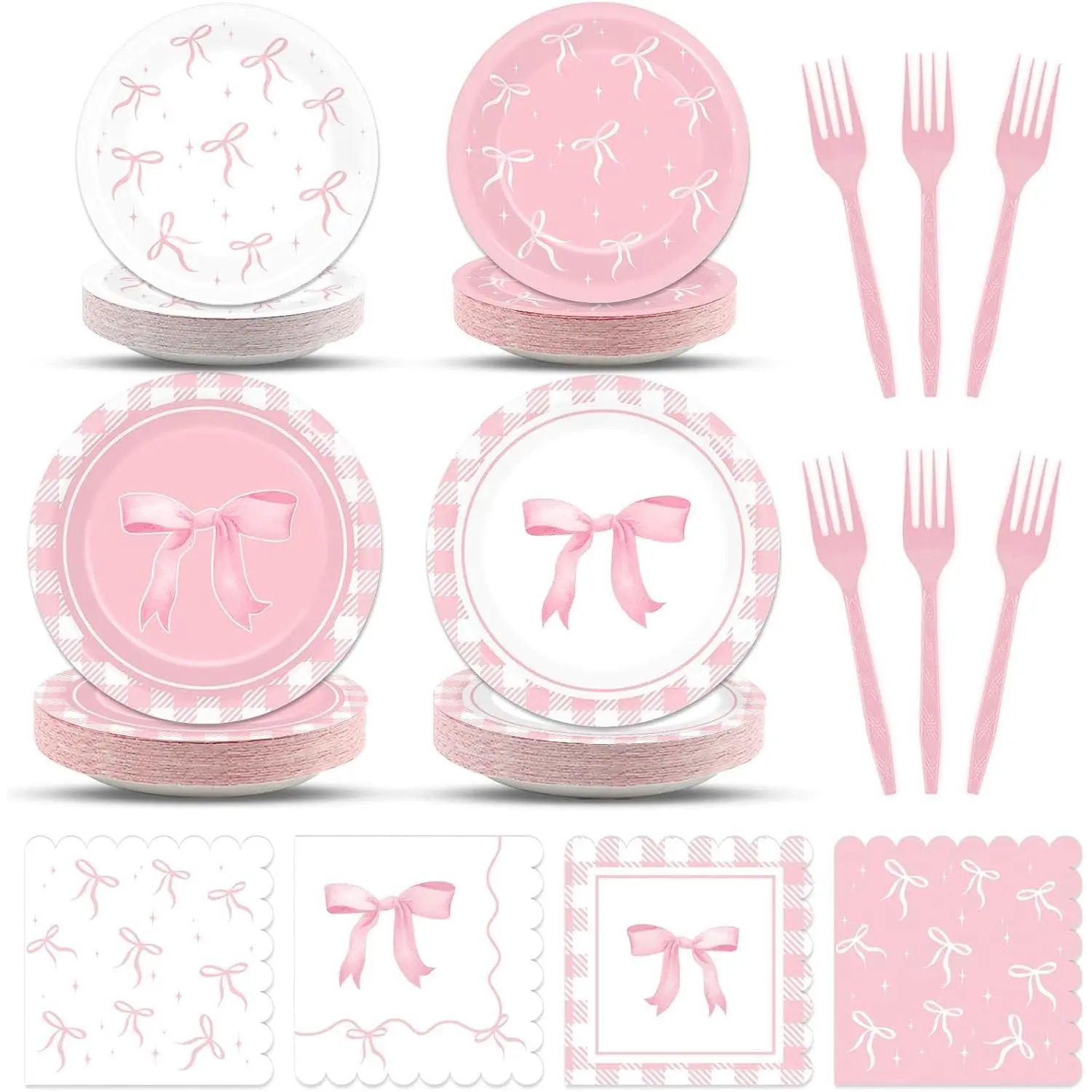 96 count  Bow Party Supplies Bow Birthday Party Plates and Napkins  Bows Decorations for Girl Bachelorette Bridal Engagement  Shower Cute Tableware Dinnerware Serves 24 Guests