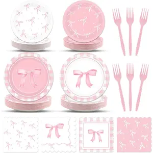 96 count  Bow Party Supplies Bow Birthday Party Plates and Napkins  Bows Decorations for Girl Bachelorette Bridal Engagement  Shower Cute Tableware Dinnerware Serves 24 Guests