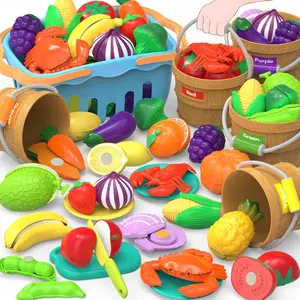 Cutting Play Food Toys  Kids, Pretend Play Kitchen Accessories, Cutting Food Sorting Toy, Fake Fruits/Vegetables Set with Shopping Storage Basket, Plastic Board and Knife, Birthday Gift