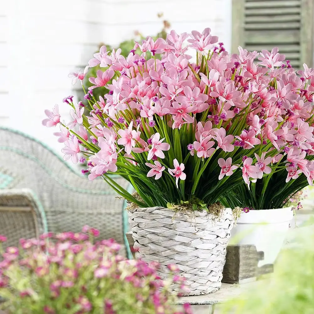 4 Bundles Artificial Spring Grass Orchid Flower Gypsophila Bunches Fake Flower Bouquet Outdoor Decoration Simulation Fake Flowe Pink Decorative Plants