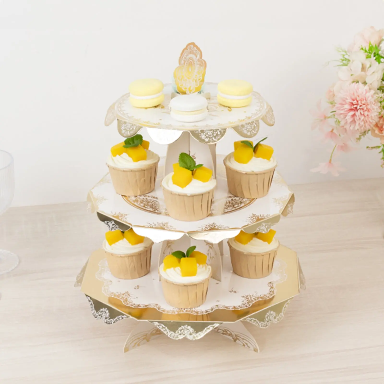 2-Pack Vintage Floral 3-Tier White Gold Round Cardboard Cupcake Holders - 15" Dessert Display Stands, Flower & Candy Box Decor for Events (Home & Festive Party Supplies), Cupcake Holder, Flowers