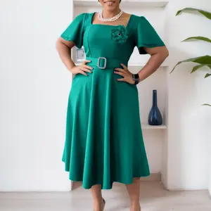 Mina Women's Fashion 2026 Summer New Fashion Square Neck Solid Color High Waist Flared Skirt African Dress