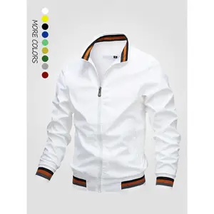 Men's Striped Trim Zip Up Varsity Jacket, Regular Fit Long Sleeve Pocket Baseball Jacket, Windbreaker Bomber Jacket, National Day Clothing,? Men's Spring Clothing