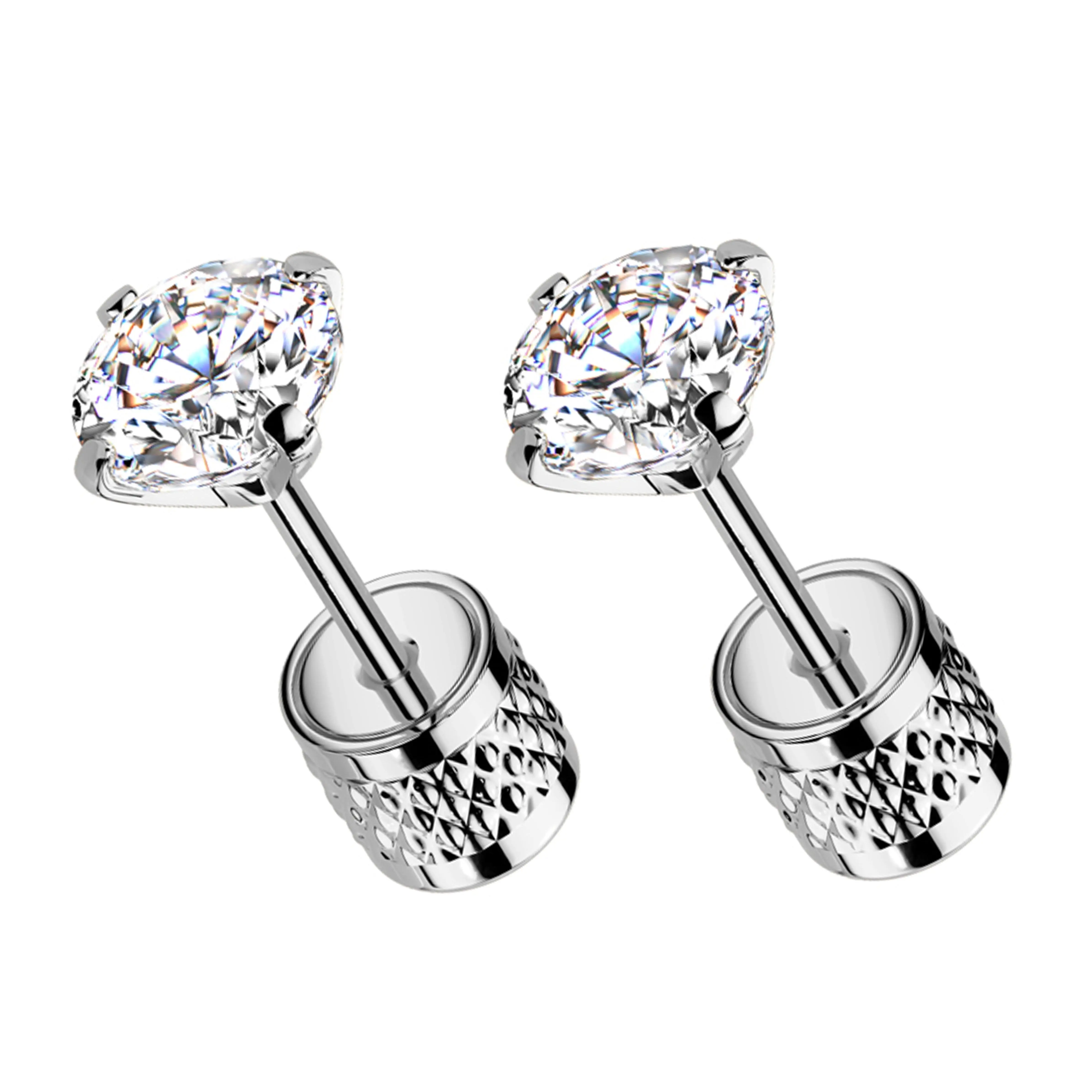 Prong Clear CZ Stainless Steel Textured Cylinder Back Stud Earrings