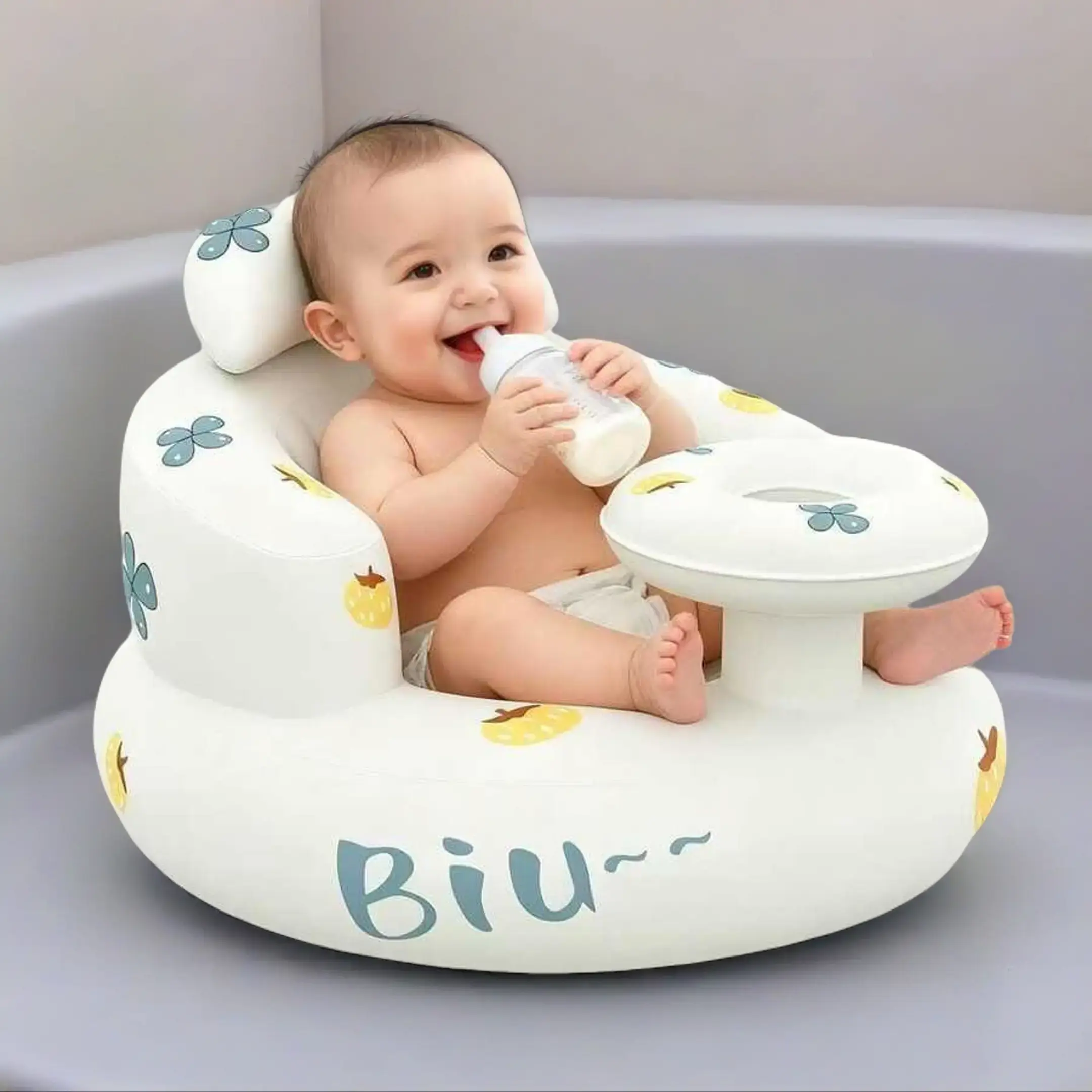 Inflatable Baby Seat with Dinosaurs Pattern, Soft Padded Floor Seat for Nursery & Tummy Time, Infant Lounger with Secure Beanie Harness