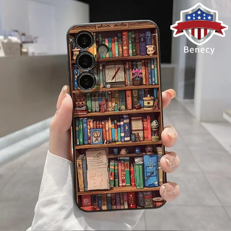 TPU Silicone Shock-Absorbing Smartphone Casing for Galaxy Series Cellphone Devices, Multi-Model Fit for Galaxy S22+ S23 Ultra S24 Plus S25 S26, Cartoon Bookshelf Pattern, Full Coverage with Camera Lens Protector, Skin-Friendly Matte Handheld Accessory