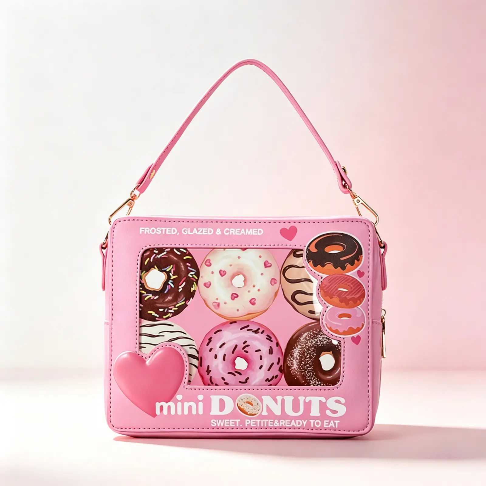 Cute Pink Mini Donuts Print Crossbody Handbag, Kawaii Sweet Donut Pattern Shoulder Bag with Detachable Strap, Novelty PU Leather Box Purse for Teen Girls, Casual Daily Fashion Accessory & Gift