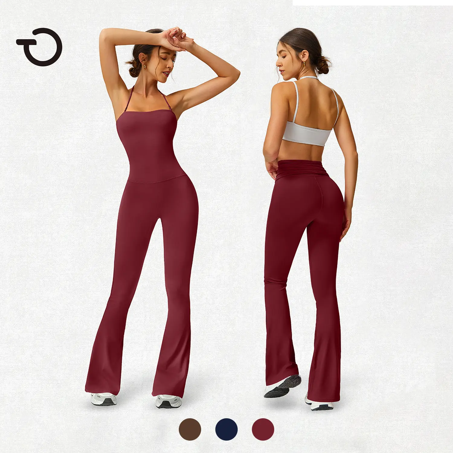 TimeOFF Women's Sculpting Yoga Jumpsuit, Sleeveless Halter Neck with Flare Leg, Tummy Control Butt Lifting Workout Activewear, Sculpting Jumpsuit, Workout Jumpsuits