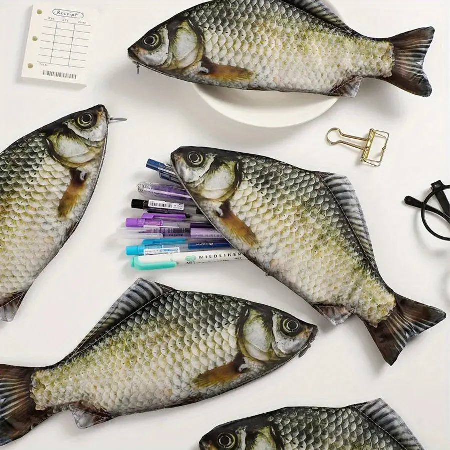 1Pc Carp Shaped Zipper Bag Pen Case Cosmetic Bag Simulation Salted Fish Pencil Pouch Bag Fun School Pencil Case Stationery Supplies Office Accessories