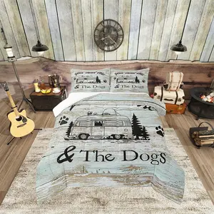 Happy Camping Comforter Set,Camper Truck Bedding Set,Adventure Theme Dog Lover Quilt Set,Rustic Farmhouse Duvet Set