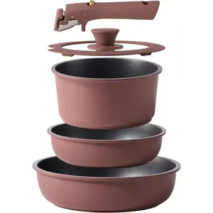 CAROTE 5pcs Pots and Pans Set Non stick,Cookware Set Detachable Handle,kitchen essentials,RV kitchen pot and pan,Induction Cookware,Oven Safe,PFOA PFOS FREE,Burgundy