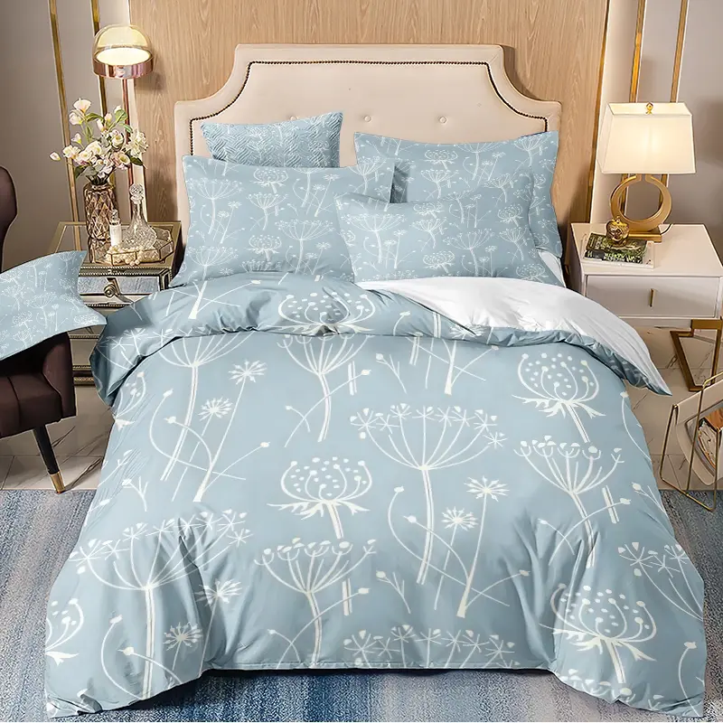 3-piece duvet cover set, light blue base with white plant patterns in various forms, using 3D digital printing technology, suitable for bedroom and guest room home décor (1 duvet cover, 2 pillowcases, duvet insert not included).