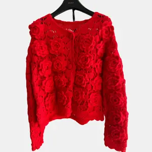MIAO Women's Handknitted Sweater Cardigan Outfits 3D Flowers Hollow Red Color Crochet Design Cozy Fashion Knitwear Wool Christmas Sweater