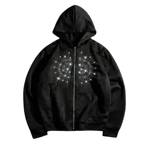 Unisex trendy sweatshirt: lightweight zip-up hoodie cardigan with rhinestone accents; subtle micro rhinestones create a sparkling texture, street style.