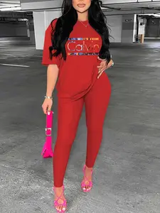 Women's Casual Fashion Set, Calvin Letter Print Crewneck Tee & Long Pants, Fitted Thin Fabric for All Seasons, Comfortable Home Wear, Womenswear