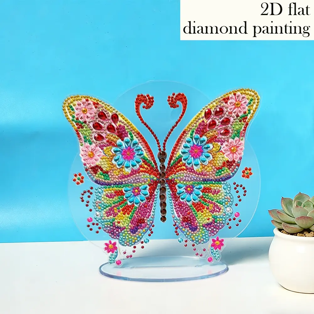 2D Flat Diamond Painting Acrylic Stand Set, Insect Theme Colorful Crystal Rhinestone Kit, Butterfly Pattern, Christmas Party Decor