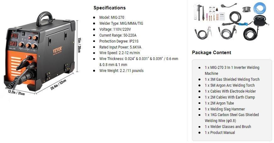VEVOR MIG Welder, 130-270A Flux Core Welder, 3 in 1 Combo MMA/MIG/LIFT TIG Welder Machine, Portable MIG-130 Welding Machine IGBT Inverter, Automatic Wire Feeding Welder for Stainless Steel