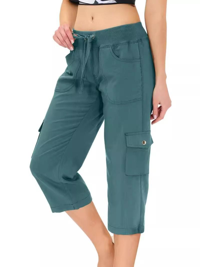 Solid Color Drawstring Fitness Running Cargo Pants With Pockets, Patchwork Design, Cropped Pants
