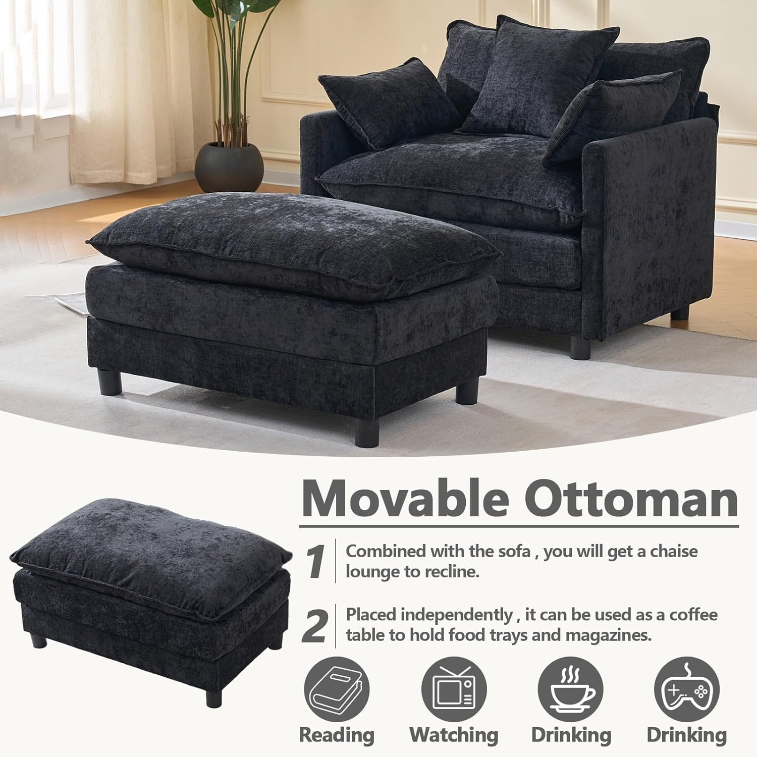 39.4" Modern Accent Chair with Ottoman, Living Room Club Chair Chenille Upholstered Armchair, Reading Chair for Bedroom (Black)