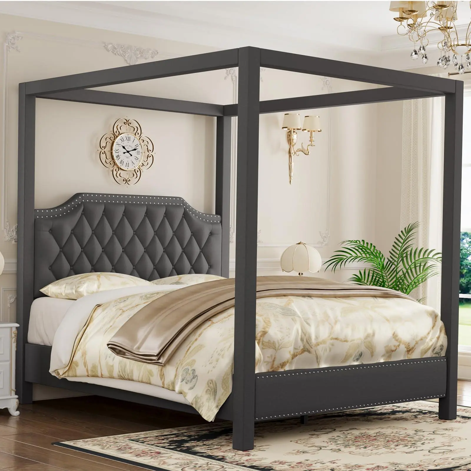 Queen Size Dark Grey Upholstered Canopy Bed Frame with Headboard, Button Tufted Design, Nailhead Trim, Assembly Required, Noise Reduction, No Box Spring Needed (Shipped in 2 Boxes)