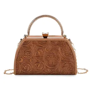 Flower Embossed Faux Leather Trapezoidal Clutch Bag with Shoulder Strap