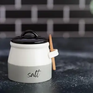 Salt Cellar with Lid and Spoon 10 oz - Handmade Ceramic Salt Keeper with 1.75 inch Lid and 3 inch Bamboo Spoon - Stylish Salt Container for Kitchen Decor