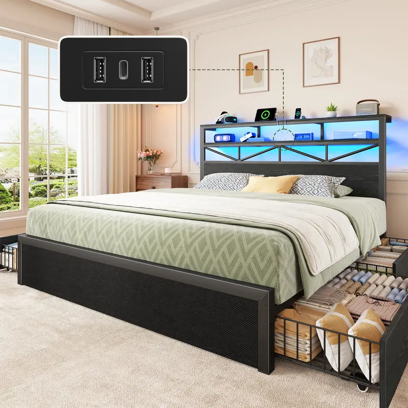 Raybee Industrial Bed Frame with 4 Storage Drawers & 2 Tiers of Shelves, Modern LED Bed Frame with Built-in Power Strip, Platform Bed frame for Full/Queen/King, 880LBS Capacity, No Box Spring Needed, Storage Solution for Small Bedroom, Apartment, Dorms