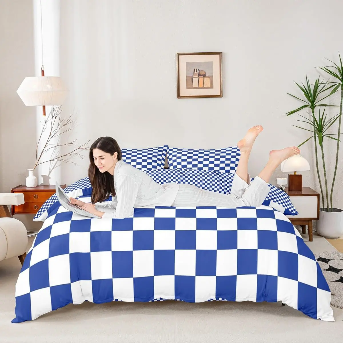 Royal Blue Grid Duvet Cover Set,Reversible Geometric Plaid Square Bedding Set,Room Decor,Soft Lattice Checkerd Quilt Cover,,No Comforter