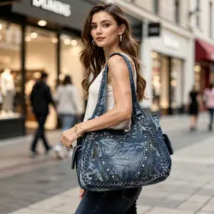Ladies' casual single shoulder denim bag with adjustable crossbody bag and multiple pockets Blue denim bag, retro style tote bag, versatile for work and commuting, daily use