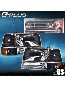 Fit For 92-1996 Ford F150 F250 F350 Black Housing Amber Corner Headlight Lamps