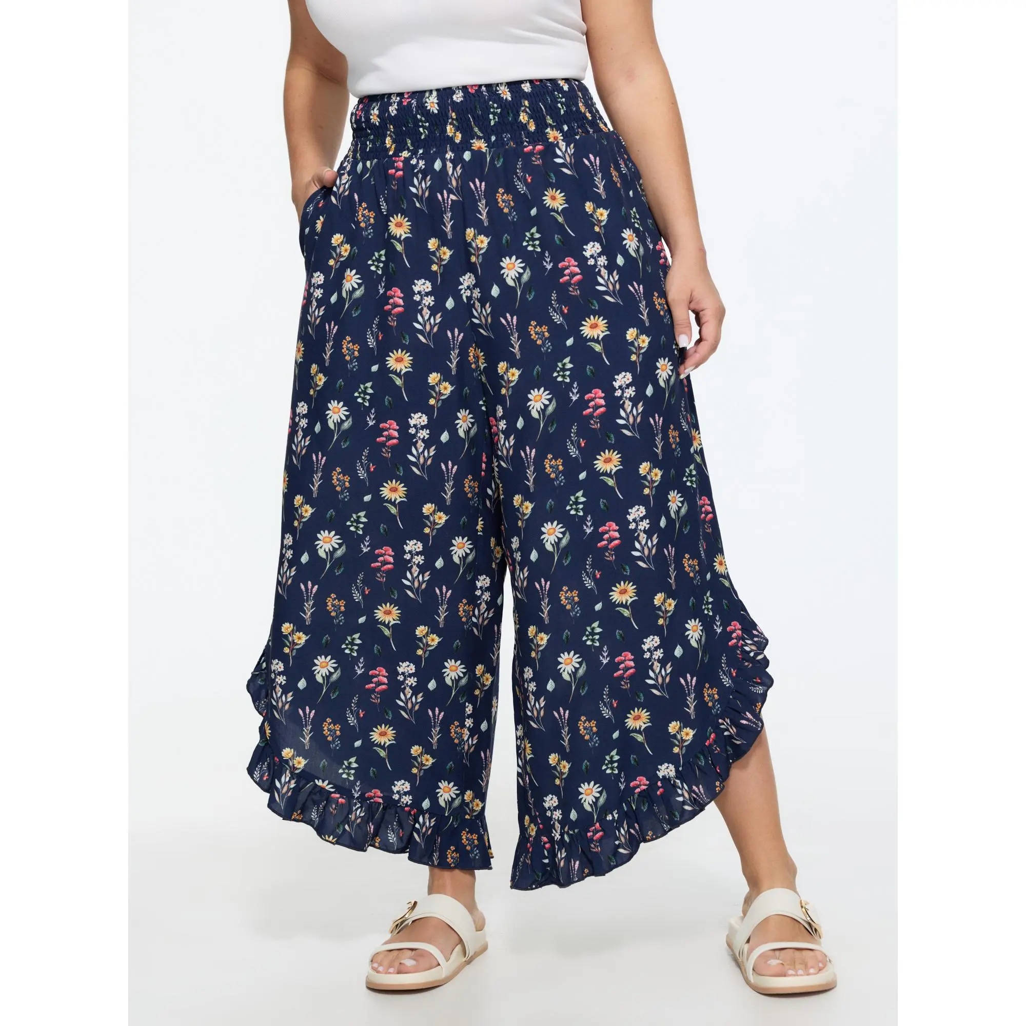 BloomChic Plus Size Leisure Floral Print Rayon Pants with a High Rise Shirred Waist, Cropped Ruffle Hem, and Side Pockets, Bottoms, Garment, Fabric, Floral Print Pants, Fit, Cropped Pants, Botanical Print