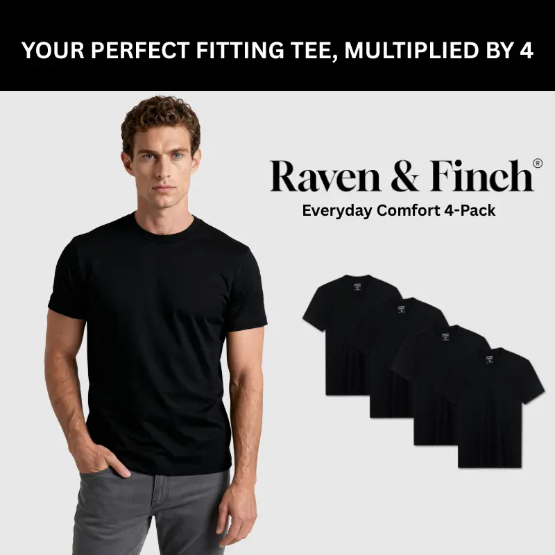 RAVEN & FINCH Men's 4-Pack Plain Tshirt, Soft Crew Neck Top in Lightweight Combed Cotton, Shortsleeve Elevated Basics, Breathable, Classic, Fabric, Round Neck, Casual Fit