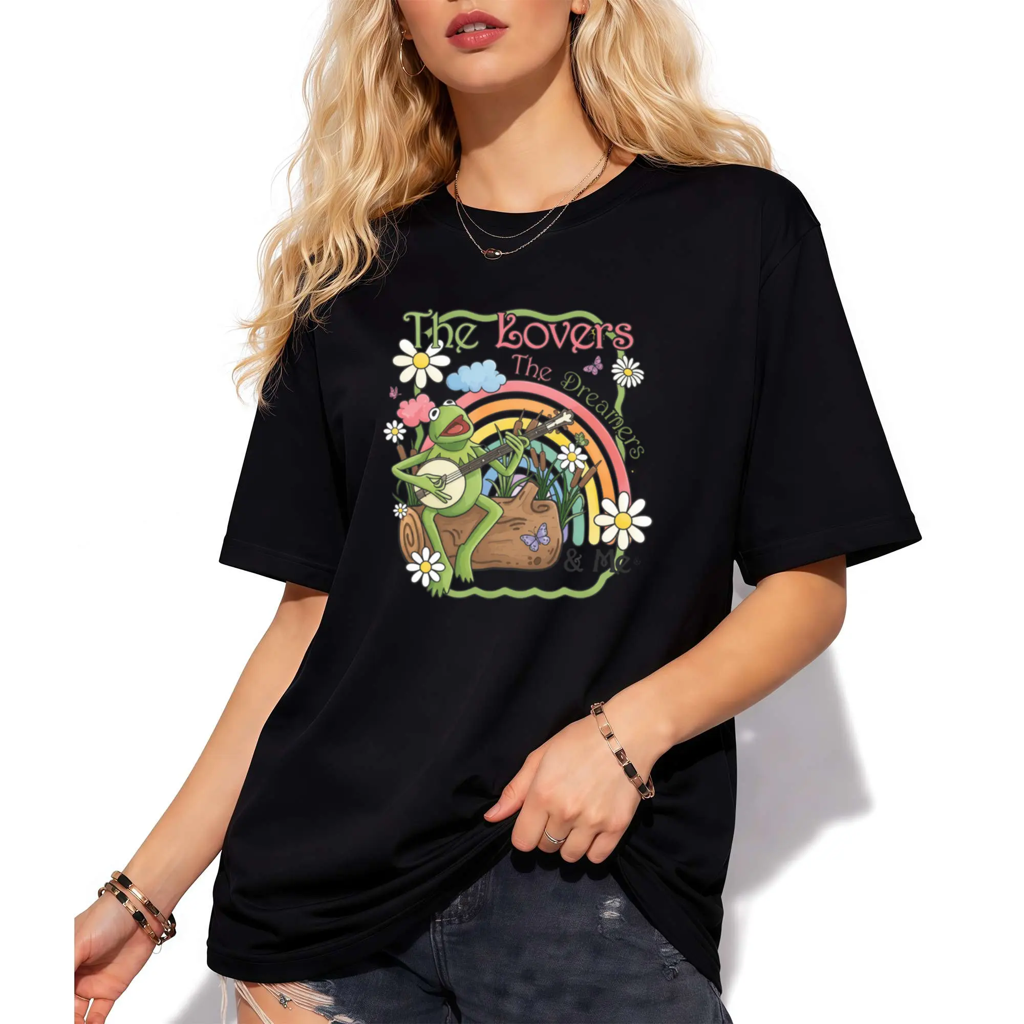 Vintage Watercolor Kermit the Frog Shirt Muppets Rainbow Tee oversized tshirt women 2026 Unisex Womenswear Short Sleeve Casual Top kermit fan tee retro watercolor shirt family matching top apparel Fit Fabric boho vintage graphic tees Comfy Everyday Breath